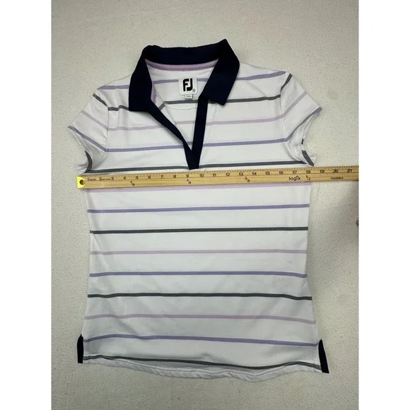 FootJoy Polo Shirt Women's Small White Purple Striped V-Neck Golf Top - Picture 4 of 7